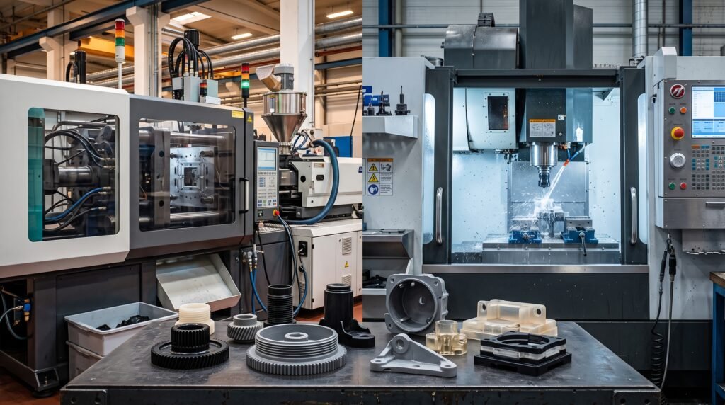 Injection moulding vs CNC machining manufacturing process comparison for industrial components.